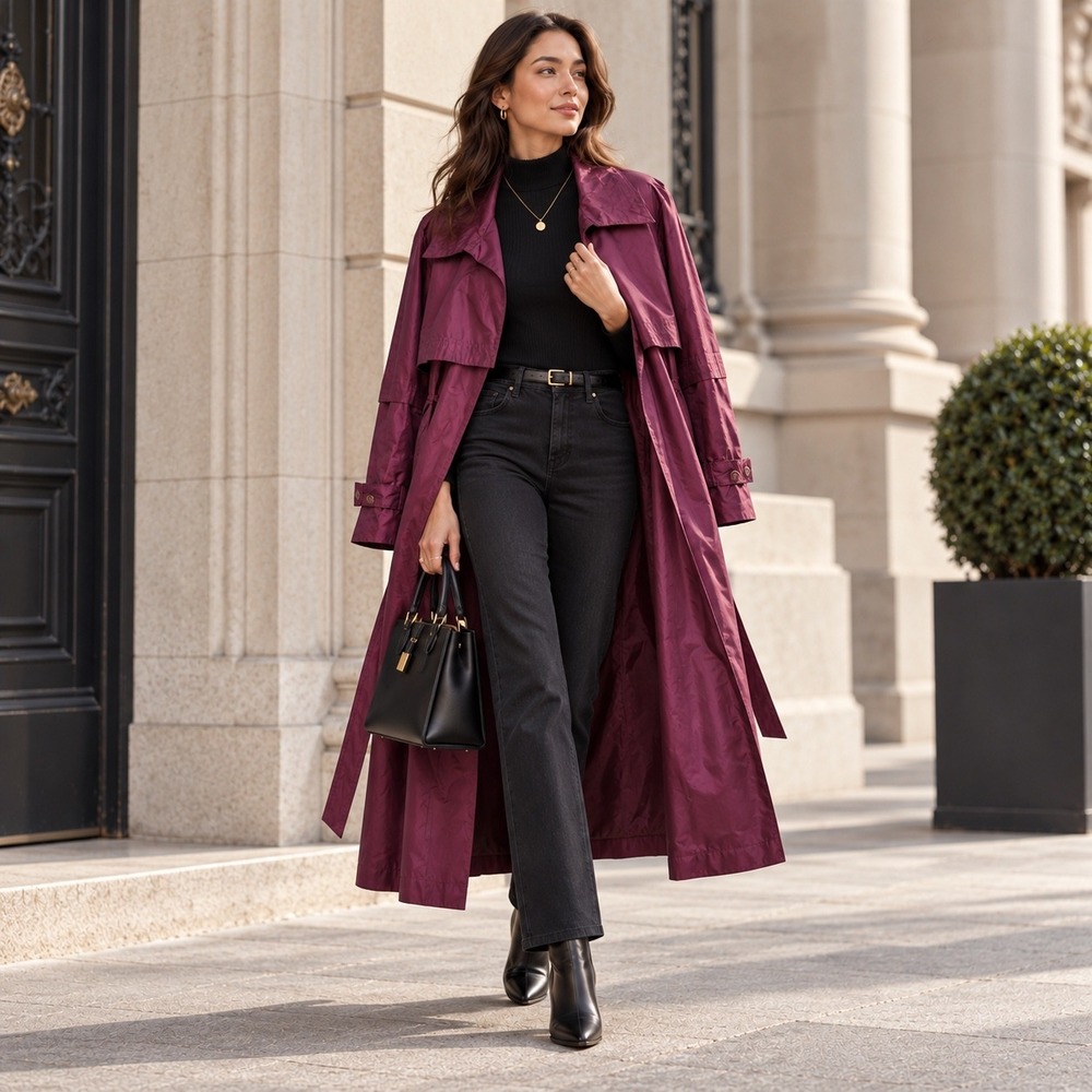 VTG Petite Sophisticate Long Trench Coat Women Sz 2 Plum Belted Removeable Liner